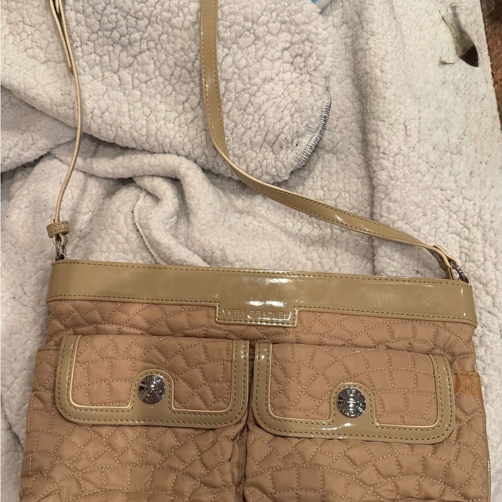 Vera Bradley Tan Crossbody Bag with Textured Material and Zipper Closure